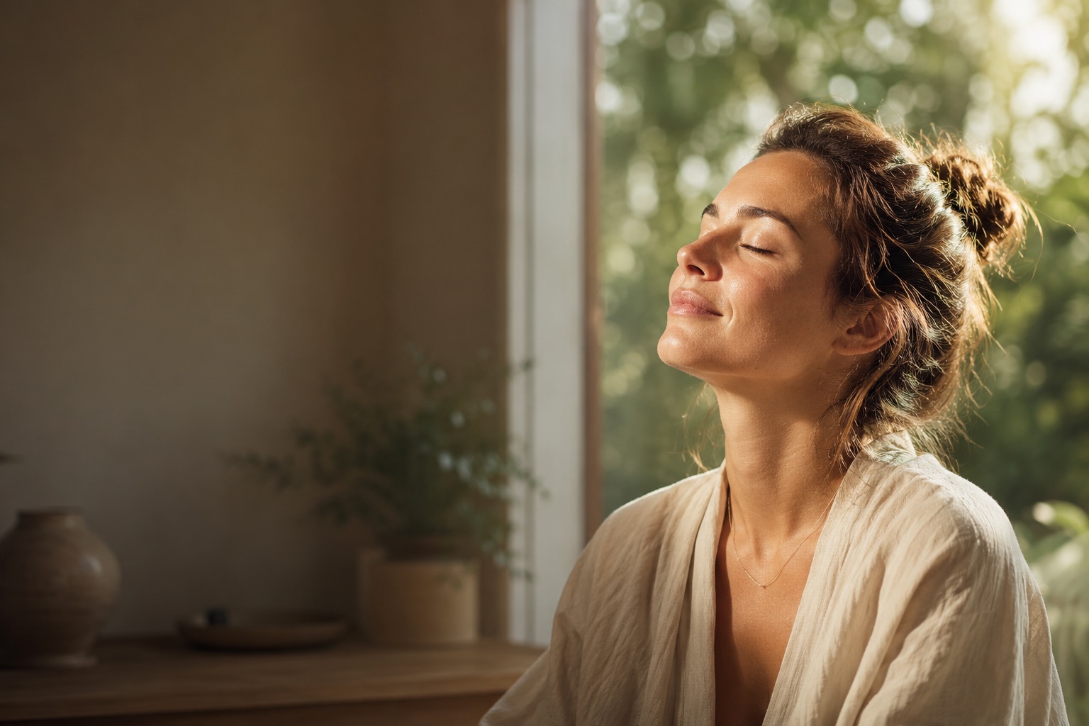 A person resting peacefully in warm natural light
